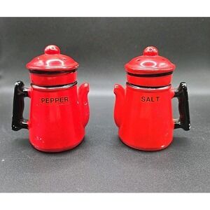 Vintage Red Coffee Pot Shaped Salt And Pepper Shaker Set